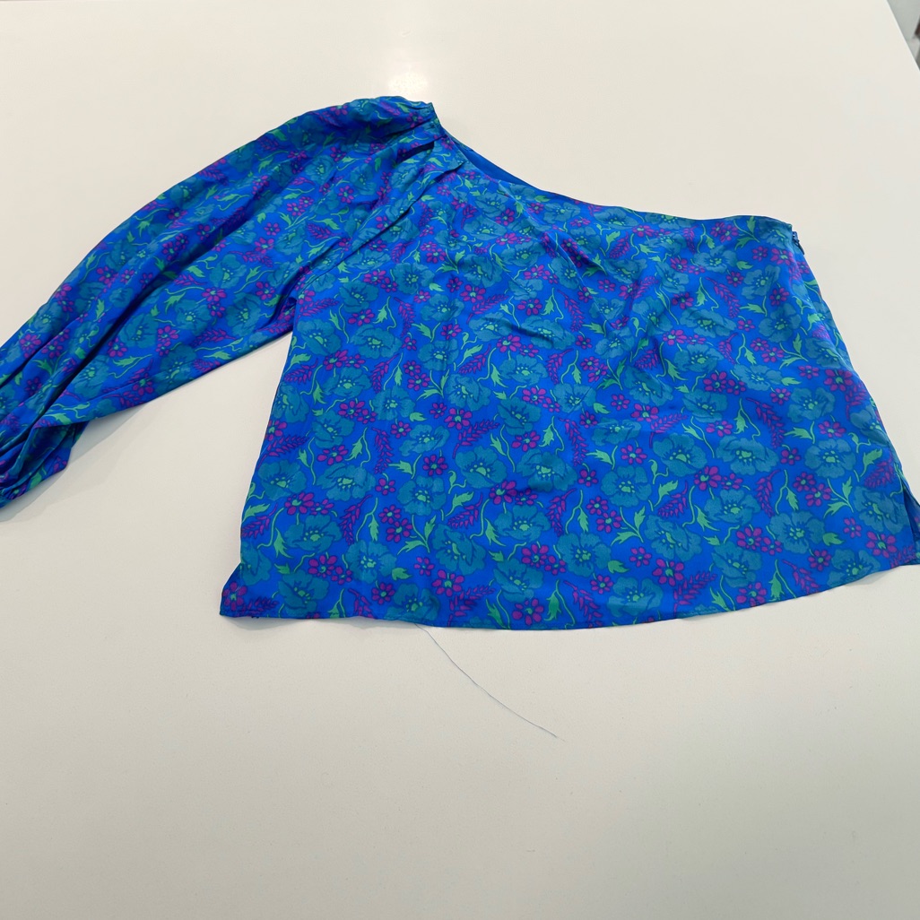 Veronica Beard Blue Floral One-Shoulder Top